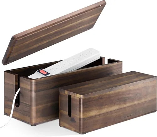 Vista 9 de Caja de gestión de cables de madera de acacia TIDITA con borde redondo - Caja organizadora de cables de madera de 40.6 cm de largo para ocultar
