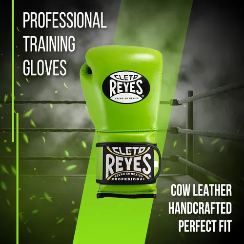 Vista 2 de CLETO REYES Guantes de entrenamiento con correa de cuero y pulgar adjunto y cierre de gancho y bucle, 16 onzas, verde cítrico