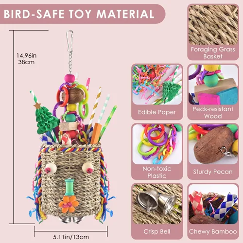 Vista 2 de KATUMO Juguetes para pájaros, cesta de hierba loro y trituración para periquitos, cacatúas, conures, accesorios para jaulas de pájaros pequeños
