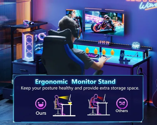 Vista 7 de Casaottima - Escritorio de juegos de 59 pulgadas con puertos de carga USB y luz LED - Escritorio reversible para computadora con 3 cajones de tela