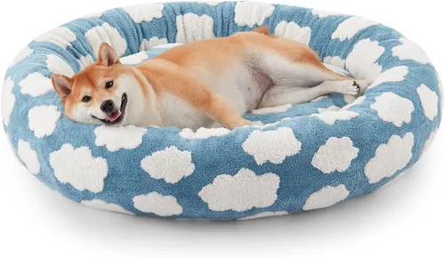 Vista 15 de JOEJOY - Cama redonda para perros pequeños con forma de dona jacquard, azul Azul nube