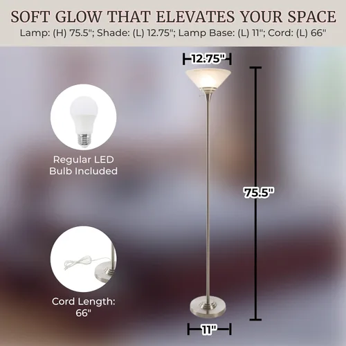 Vista 3 de Lavish Home - Lámpara de pie Torchiere para dormitorio con base de metal resistente y pantalla de vidrio mármol, bombilla LED incluida por Lavish