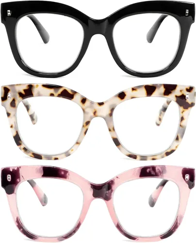 Vista 14 de REAVEE Paquete de 3 lentes de lectura elegantes con bloqueo de luz azul para mujer, para computadora a la moda, lindos lectores con bisagra