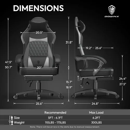 Vista 27 de Dowinx Silla de juegos con cojín de resorte de bolsillo, silla ergonómica para computadora con masaje lumbar y reposapiés para adultos, silla