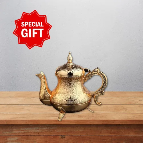 Vista 6 de LaModaHome Tetera de fundición de zinc de lujo, acabado dorado, diseño elegante, estilo antiguo para té turco, árabe, griego, olla decorativa