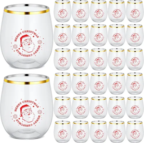 Sliner 32 copas de vino sin tallo de Navidad de 12 onzas, copas de vino de plástico transparente a granel, Papá Noel, borde dorado, divertido juego