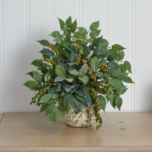 Vista 3 de Nearly Natural Ficus, Fittonia y bayas artificiales mixtas en jarrón floral