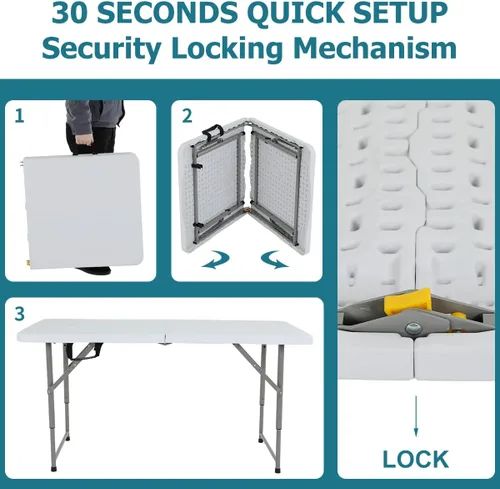 Vista 7 de Mesa plegable de 4 pies, mesa ajustable en altura, mesas de plástico resistente, mesa portátil plegable por la mitad con asa y bloqueo para camping