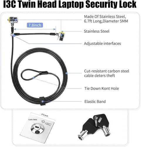 Vista 2 de I3C Candado para laptop, cable de bloqueo de seguridad con llaves y placa de anclaje, bloqueo antirrobo para electrónica de negocios, monitores