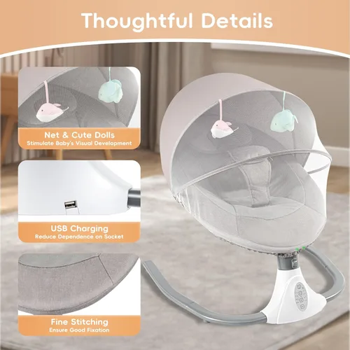 Vista 6 de TFCFL Columpios de bebé para bebés, silla columpio plegable para bebé, 4 velocidades con altavoz de música, red, juguetes colgantes, funda