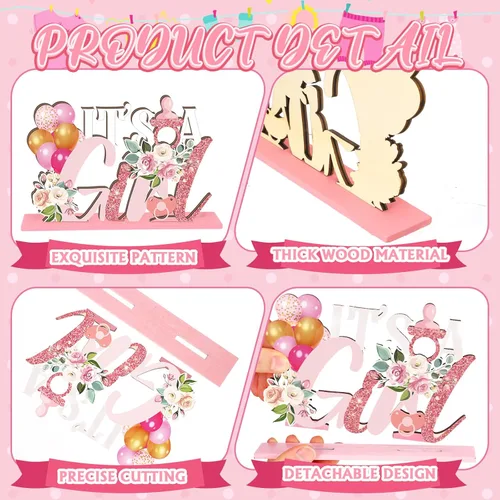 Vista 4 de 6 piezas de mesa floral para baby shower, centros de mesa de madera para bebé en flor con letras rosadas, revelación de género para niña