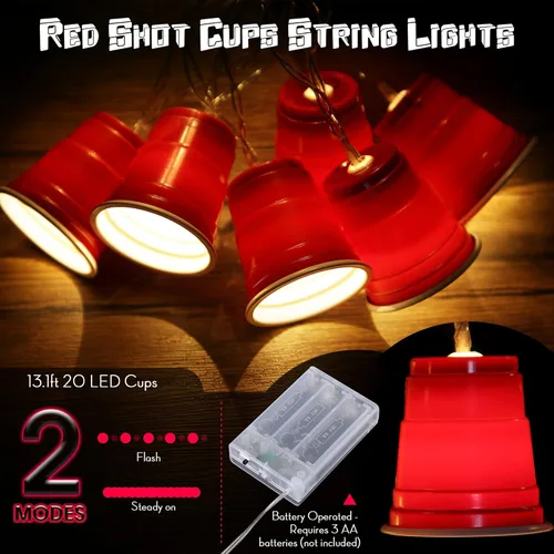 Vista 2 de Hiboom 1 paquete de 20 luces LED de 13 pies, mini tazas de chupito, decoración de luces de hadas, funciona con pilas, decoración de tazas LED