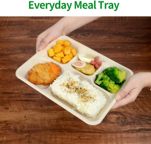 Vista 4 de bloomoon Paquete de 100 platos de papel de 5 compartimentos, bandejas desechables de 10 x 8 pulgadas con 5 compartimentos, platos de papel divididos