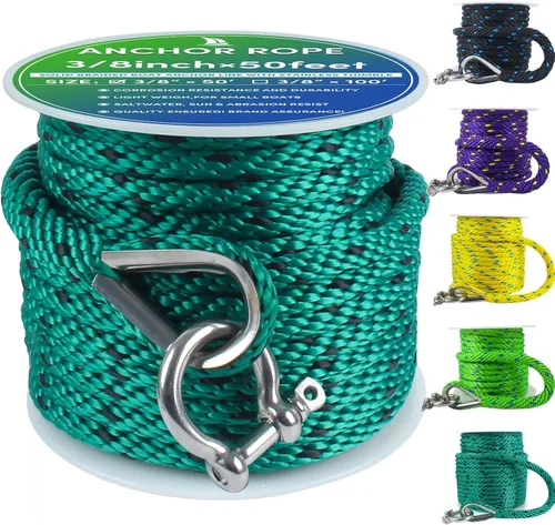 Vista 56 de Cuerda de anclaje prémium de 100 pies x 3/8 pulgadas, cuerda de anclaje MFP maciza con dedal y grillete, color naranja/amarillo