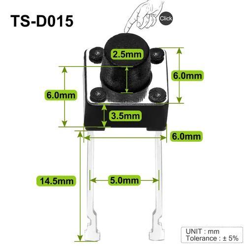 Vista 3 de Chanzon Interruptor de botón táctil táctil 0.236x0.236 x 0.236 in Micro Momentary Tact Switch 2 pin 20 unids SPST Interruptores de pulsador