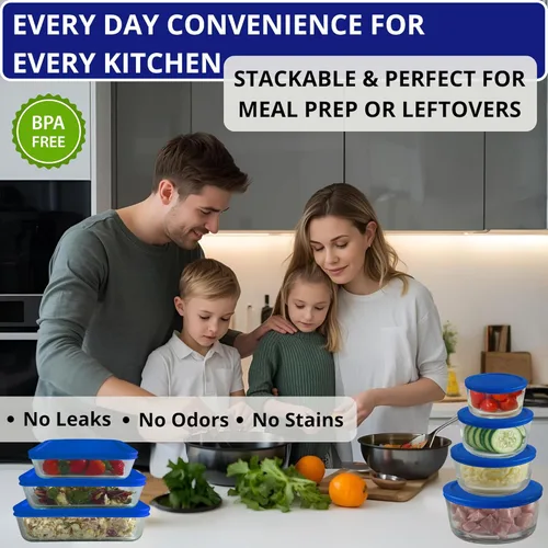 Vista 3 de 1, 2, 4 y 7 tazas redondas azules y 3, 6, 11 tazas rectangulares azules de repuesto para cuencos de almacenamiento Pyrex, Anchor Hocking