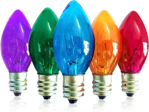 Vista 9 de Bombillas de repuesto C7, bombillas de Navidad multicolor, base de candelabro E12, incandescente de 5 vatios para luces de cadena al aire libre
