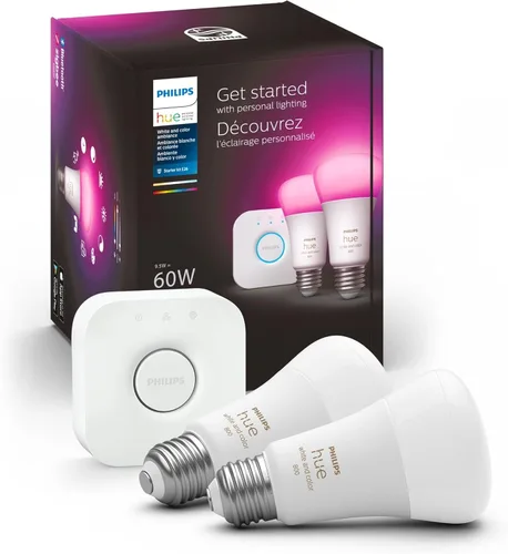 Vista 2 de Philips Hue Kit de iniciación de luz inteligente de ambiente blanco y color, incluye (2) bombillas inteligentes A19 de 60 W con puente Hue