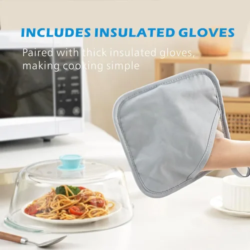 Vista 4 de Tapa alta de vidrio para microondas contra salpicaduras para alimentos con orificio de ventilación 100% segura para alimentos, tapa protectora