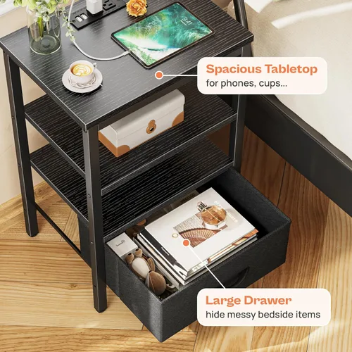 Vista 5 de SUPERJARE - Juego de 2 mesitas de noche con base de carga, cajón de tela ajustable, mesita de noche para dormitorio, mesas auxiliares de 3 niveles