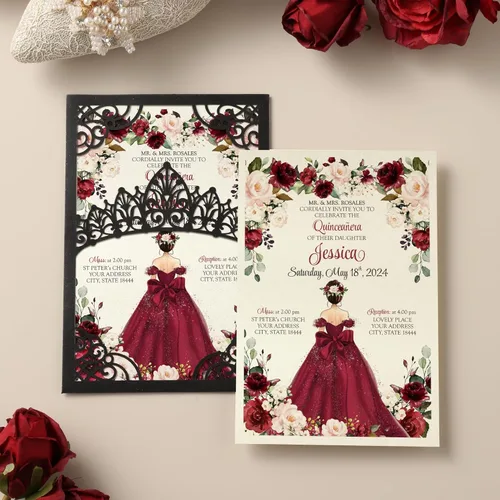 Vista 2 de 50 invitaciones de quinceañera con corona negra perlada cortada con láser Invitaciones de cumpleaños florales burdeos para Sweet 16/Miss XV