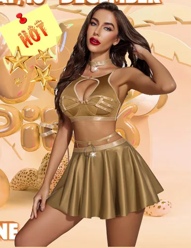 Vista 2 de Avidlove Conjunto de lencería para mujer, falda de piel sintética, traje de disfraz de cintura alta con gargantilla