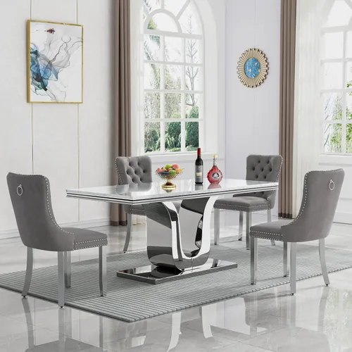 Vista 22 de Juego de 4 mesas de comedor de mármol de 68 pulgadas para 4, mesa de comedor rectangular moderna para 4, mesa de cocina y sillas de mármol blanco