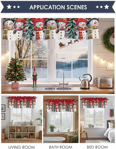Vista 6 de Cenefa de muñeco de nieve de Navidad para ventanas de cocina, cenefas de invierno con bolsillo para barra, cortinas cortas, copos de nieve, bayas