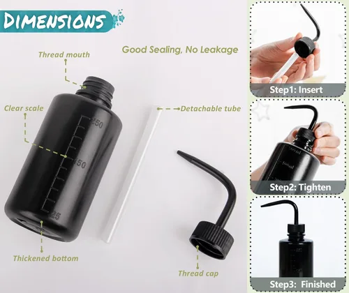 Vista 6 de Melphoe Botella de lavado de tatuajes, 3 piezas, 8.5 fl oz, botella de chorro para suculentas, enjuague de seguridad, pestañas de lavado de Negro