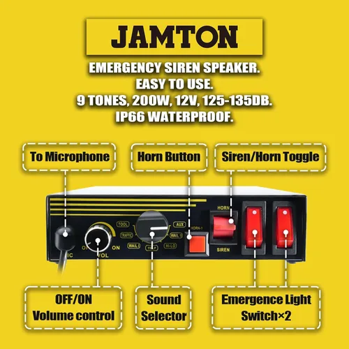 Vista 3 de Sistema de sirena de policía de emergencia de 200 W, 12 V, 9 tonos, bocina de altavoz de acero negro, micrófono de mano, para vehículos