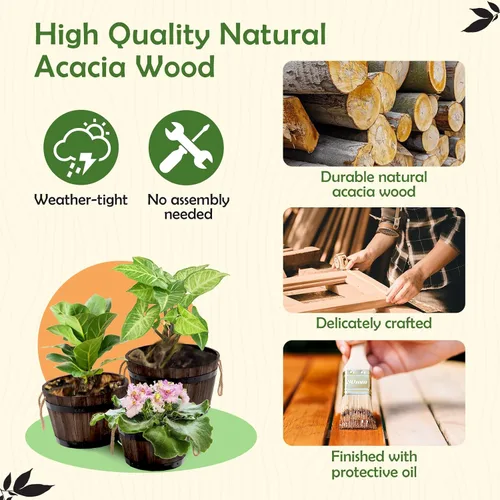 Vista 4 de Juego de 3 cajas de flores de madera para exteriores, macetas de barril de madera de acacia duraderas para plantas al aire libre con asas