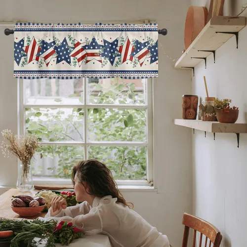 Vista 6 de Cenefa de cocina para ventanas, Día de la Independencia, pentagrama, textura de arpillera a cuadros, semitransparente, con bolsillo para barra