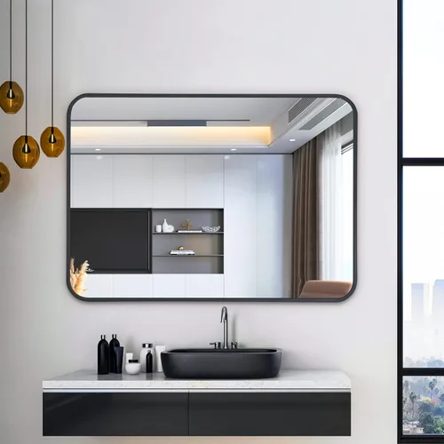 Vista 8 de Espejo de baño negro, espejo de marco rectangular, espejo de pared de 24 x 36 pulgadas con espejos de esquina redondeada para baño, dormitorio, sala