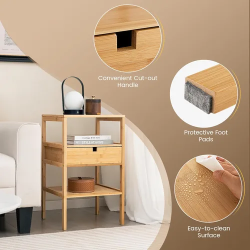 Vista 9 de LOKO Mesita de noche de bambú, mesitas de noche de madera con cajón extraíble y estante de almacenamiento, mesas auxiliares de estilo simple