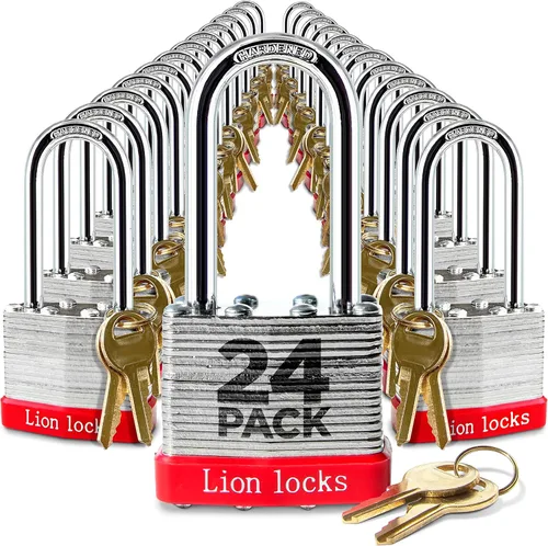 Vista 9 de Lion Locks 4 Candados de Llave Igual con Grillete Largo de 2", 8 Llaves, Candado de Acero Endurecido, Cilindro de Pines de Latón Resistente a
