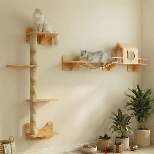 Vista 7 de NOVGOBHOT Estantes de pared para gatos grandes – Juego de 9 piezas de estantes de pared de madera para gatos, sistema de escalada para gatitos