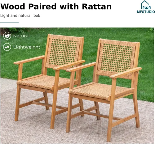 Vista 2 de MFSTUDIO Juego de 2 sillas de comedor de madera de acacia para exteriores, con asiento de ratán tejido hecho a mano y respaldo de ratán para jardín