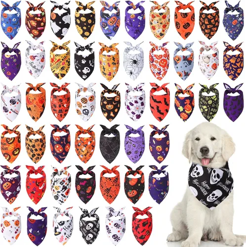 Xuniea Paquete de 50 bandanas de Halloween para perro, bufanda grande para perro, pañuelo, accesorios para cachorros medianos y pequeños,