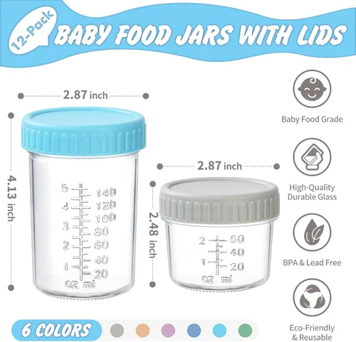 Vista 2 de DRKIO Paquete de 12 recipientes de vidrio para almacenamiento de alimentos para bebés - Frascos de comida para bebés de 4 y 8 onzas con tapas