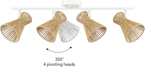 Vista 6 de Globe Electric 64000050 - Lámpara de riel de 28" con 4 luces, color blanco mate, pantallas de cuerda natural, luz de techo, pantalla pivotante