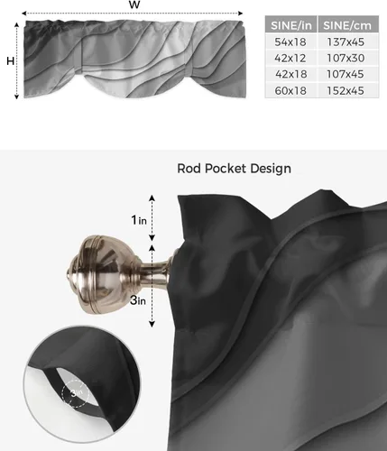 Vista 6 de Cortinas de cenefa con amarre degradado negro gris para ventanas, cortinas modernas geométricas grises para cocina, tratamientos para ventanas