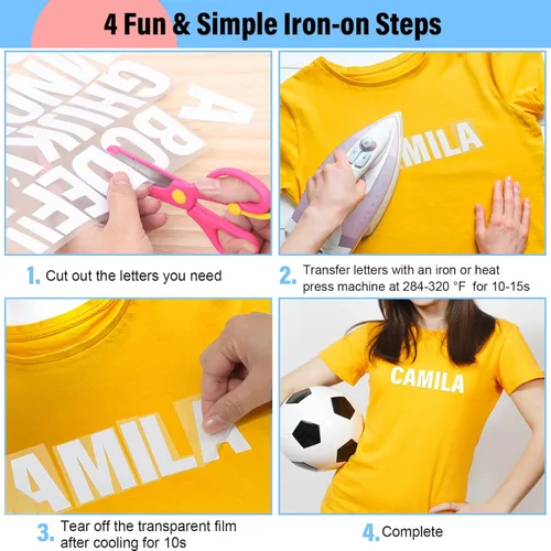 Vista 5 de 20 hojas de 880 letras termo-adhesivas para ropa, 2 pulgadas, 5 colores, parches de vinilo de transferencia de calor, alfabeto de poliuretano