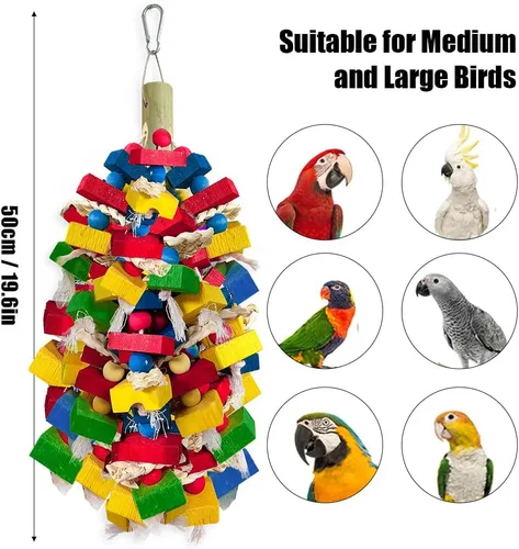 Vista 2 de Juguetes de loros para pájaros grandes, bloques de madera multicolor para masticar, jaula de loro, juguete para mordeduras para guacamayos