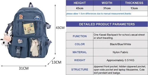 Vista 6 de Kawaii Backpack With cute plush pendant and Kawaii pins,Aesthetic Backpack Cute Kawaii Backpack for School