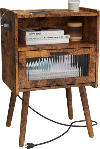 Vista 60 de Mesita de noche moderna de mediados de siglo con estación de carga, mesitas de noche con cajón de cristal, mesa auxiliar con espacio