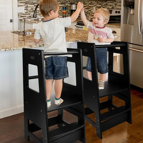 Vista 5 de Ecomex Taburete de cocina para niños pequeños con riel de seguridad, torre auxiliar pequeña de altura ajustable para encimera de cocina y fregadero