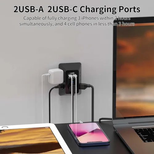 Vista 3 de Extensor de tomacorriente, protector de sobretensiones con 5 enchufes múltiples y 4 puertos USB (2 USB C), cargador de pared de regleta