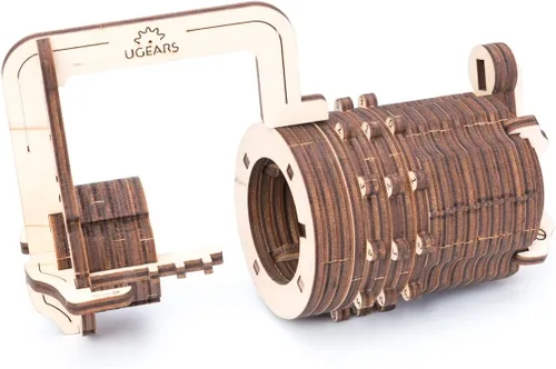 Vista 3 de UGEARS rompecabezas de madera en 3D, modelo de engranaje con cerradura de combinación