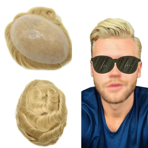 Vista 60 de Toupee para hombres pieza de pelo suave poli piel real sistema de cabello humano para hombre tupé durable PU piezas de pelo para hombres reemplazo