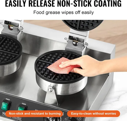 Vista 4 de VEVOR Gofrera Comercial, Máquina de Gofres de Doble Cabezal Redonda, Gofrera Belga de Acero Inoxidable Antiadherente de 2460W con Control